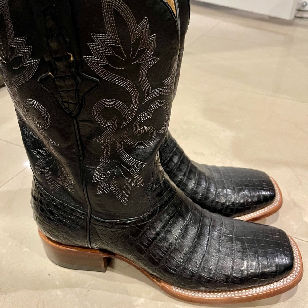 Genuine exotic caiman belly boots;